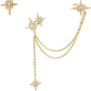 925 Sterling Silver Star Moon Cuff Earrings Asymmetric Crystal Dangling Chain Wr